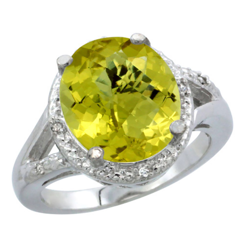 10K White Gold Natural Lemon Quartz Ring Oval 12x10mm Diamond Accent, sizes 5-10