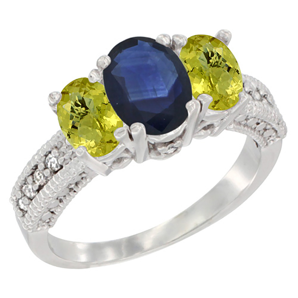 14K White Gold Diamond Natural Blue Sapphire Ring Oval 3-stone with Lemon Quartz, sizes 5 - 10