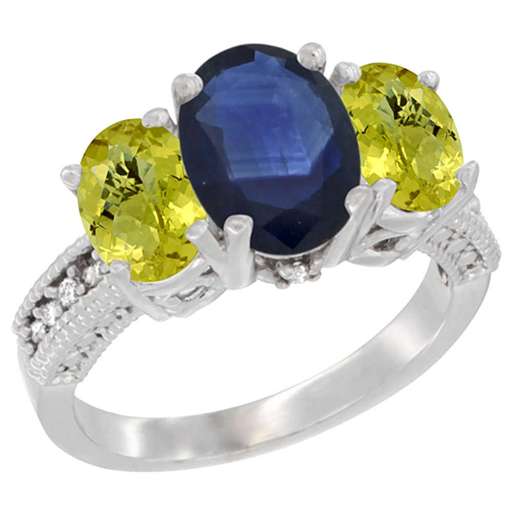 14K White Gold Diamond Natural Blue Sapphire Ring 3-Stone Oval 8x6mm with Lemon Quartz, sizes5-10