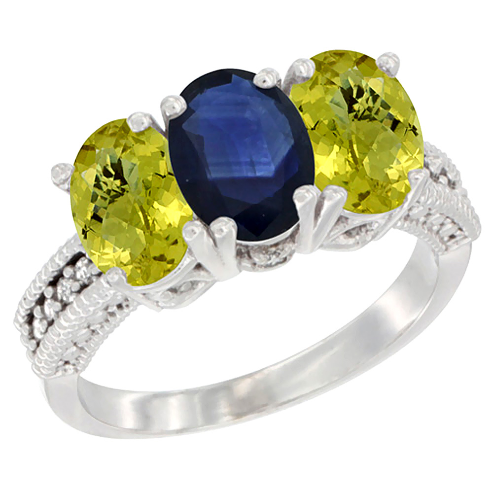 10K White Gold Diamond Natural Blue Sapphire & Lemon Quartz Ring 3-Stone 7x5 mm Oval, sizes 5 - 10