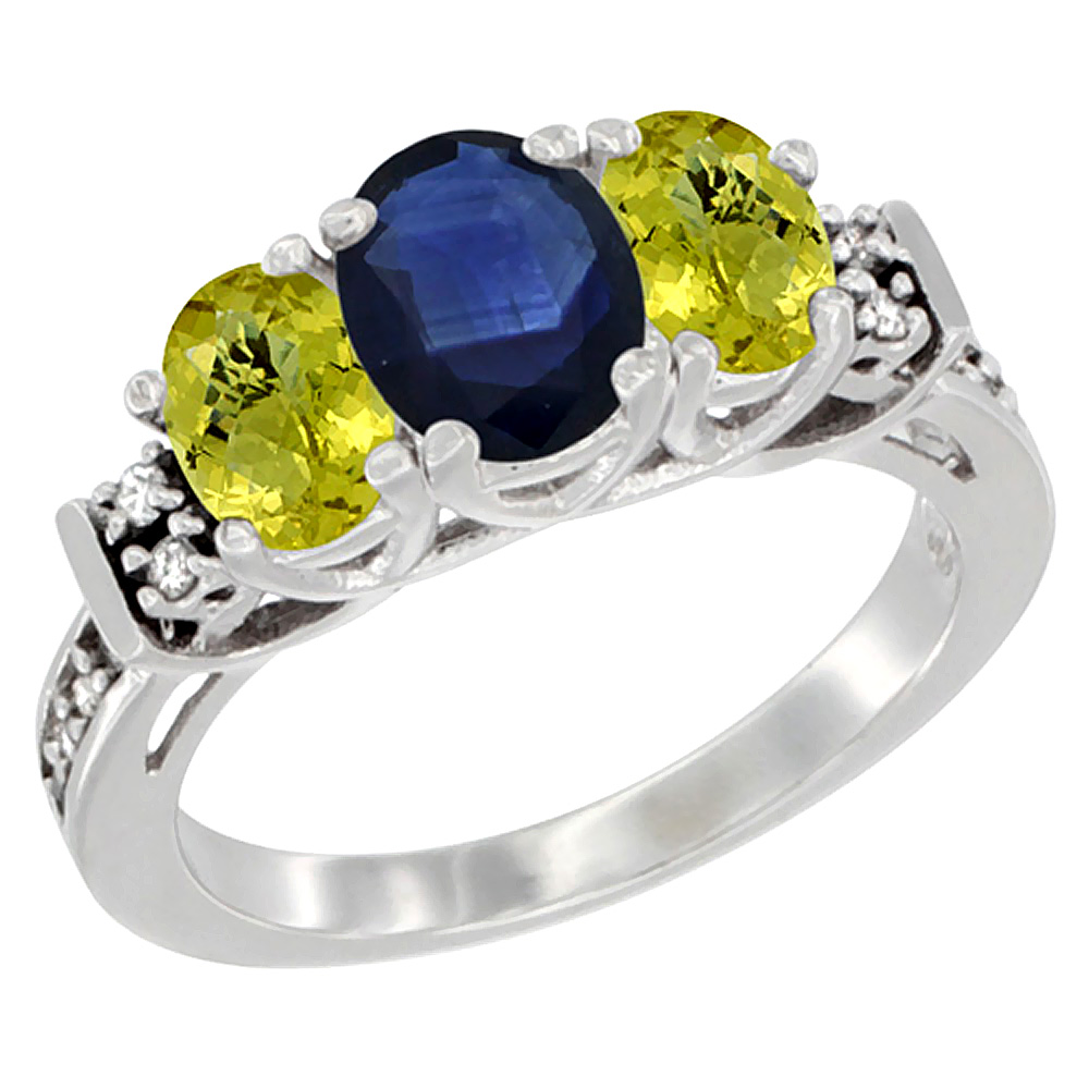 14K White Gold Natural Blue Sapphire &amp; Lemon Quartz Ring 3-Stone Oval Diamond Accent, sizes 5-10