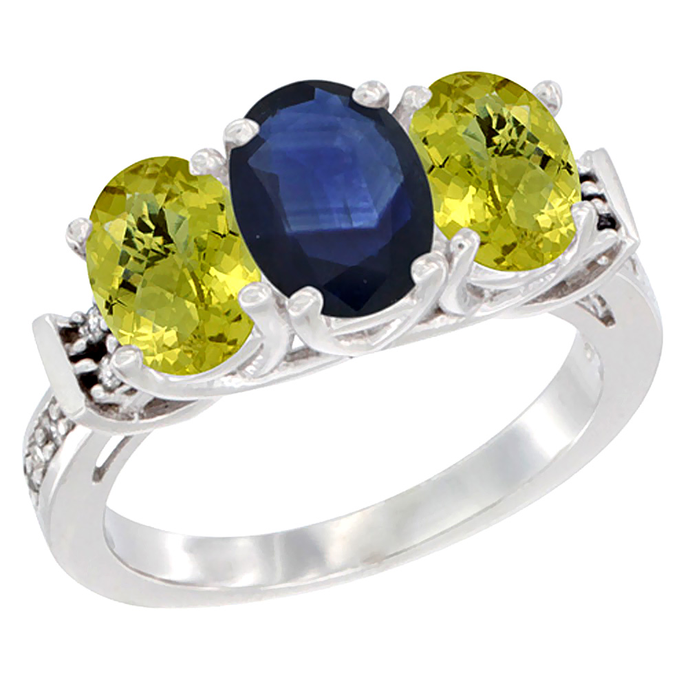 14K White Gold Natural Blue Sapphire &amp; Lemon Quartz Sides Ring 3-Stone Oval Diamond Accent, sizes 5 - 10