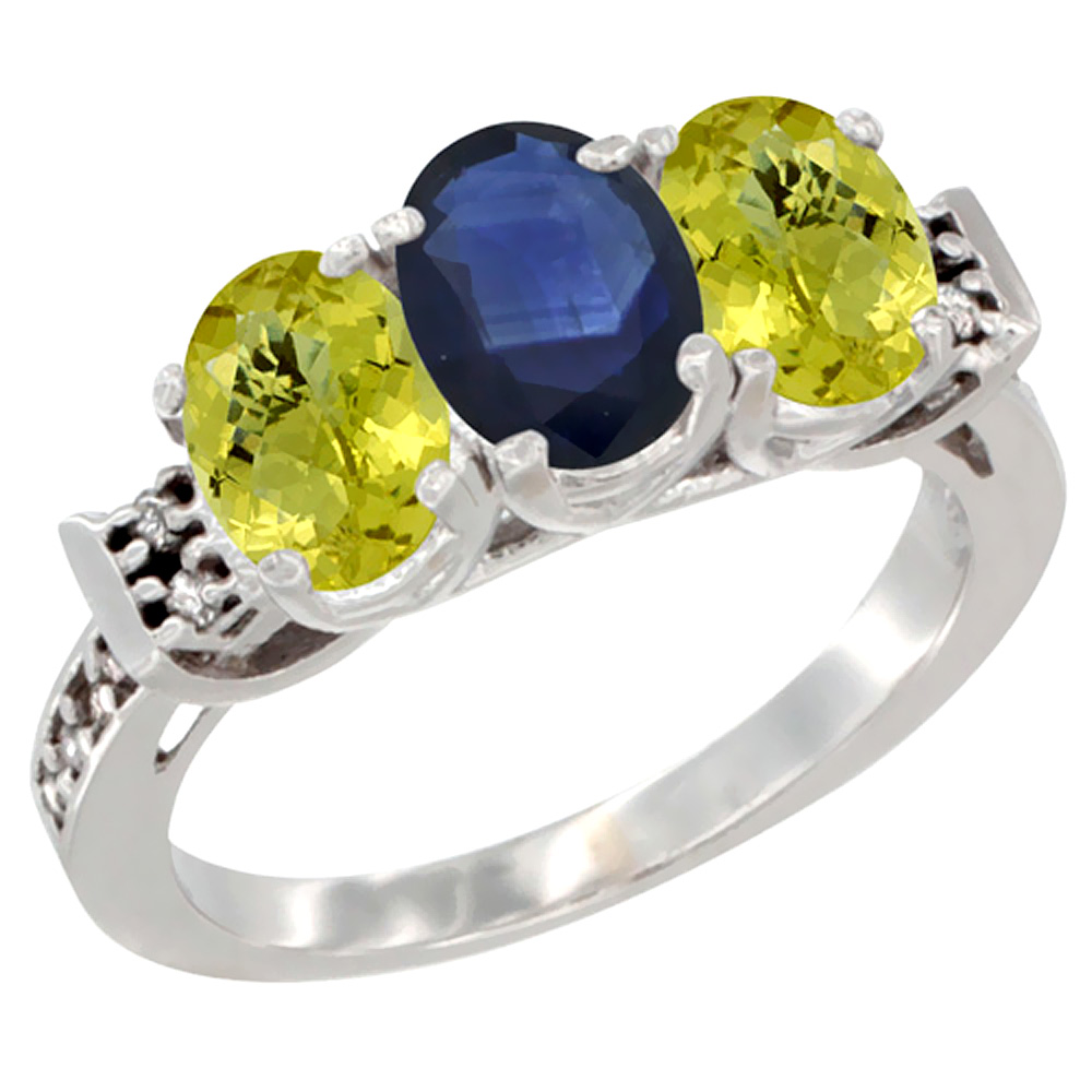 14K White Gold Natural Blue Sapphire &amp; Lemon Quartz Ring 3-Stone 7x5 mm Oval Diamond Accent, sizes 5 - 10