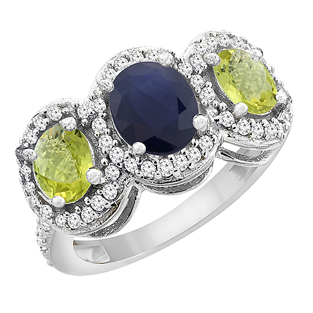 14K White Gold Natural Blue Sapphire & Lemon Quartz 3-Stone Ring Oval Diamond Accent, sizes 5 - 10