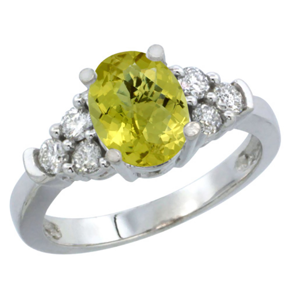 14K White Gold Natural Lemon Quartz Ring Oval 9x7mm Diamond Accent, sizes 5-10