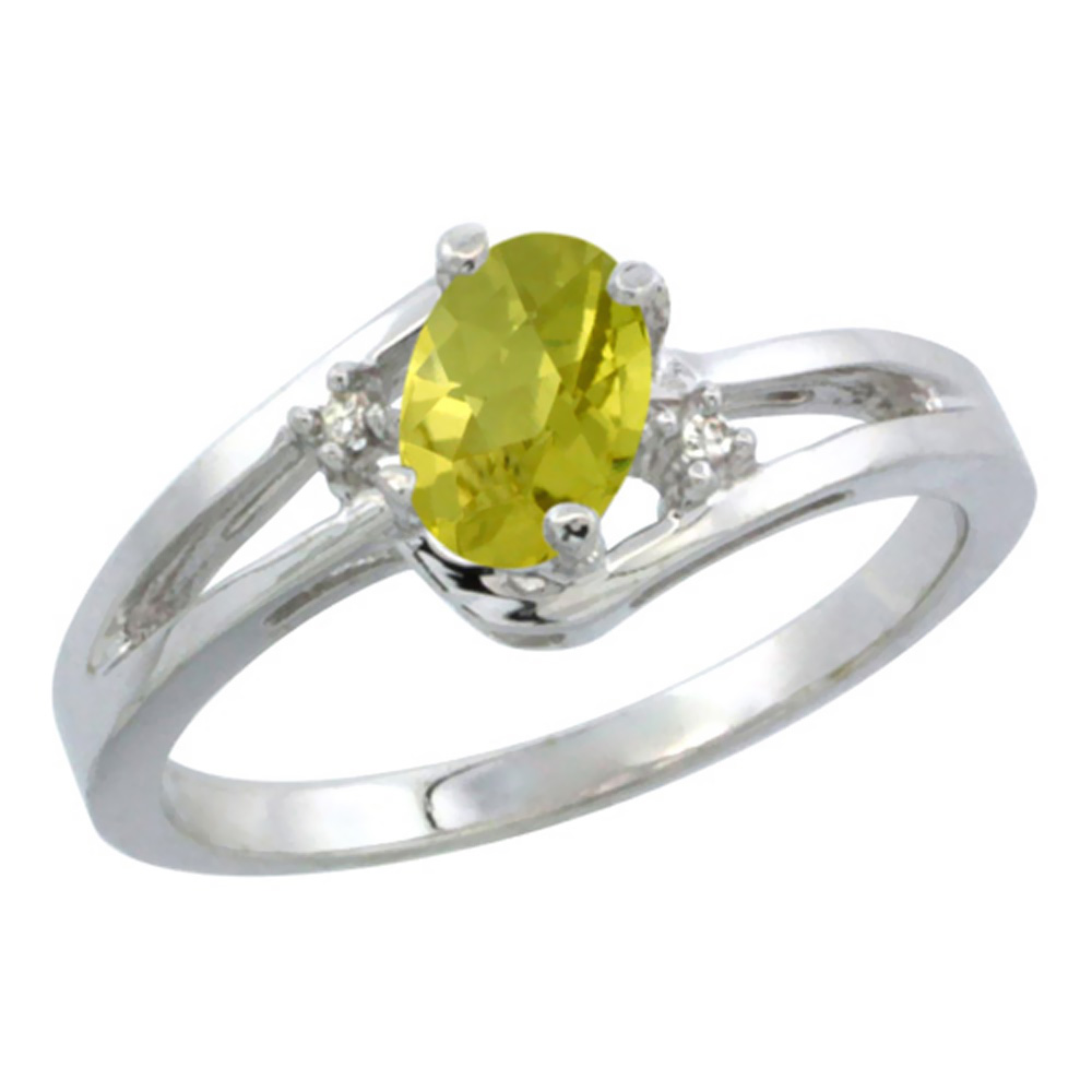14K White Gold Diamond Natural Lemon Quartz Ring Oval 6x4 mm, sizes 5-10