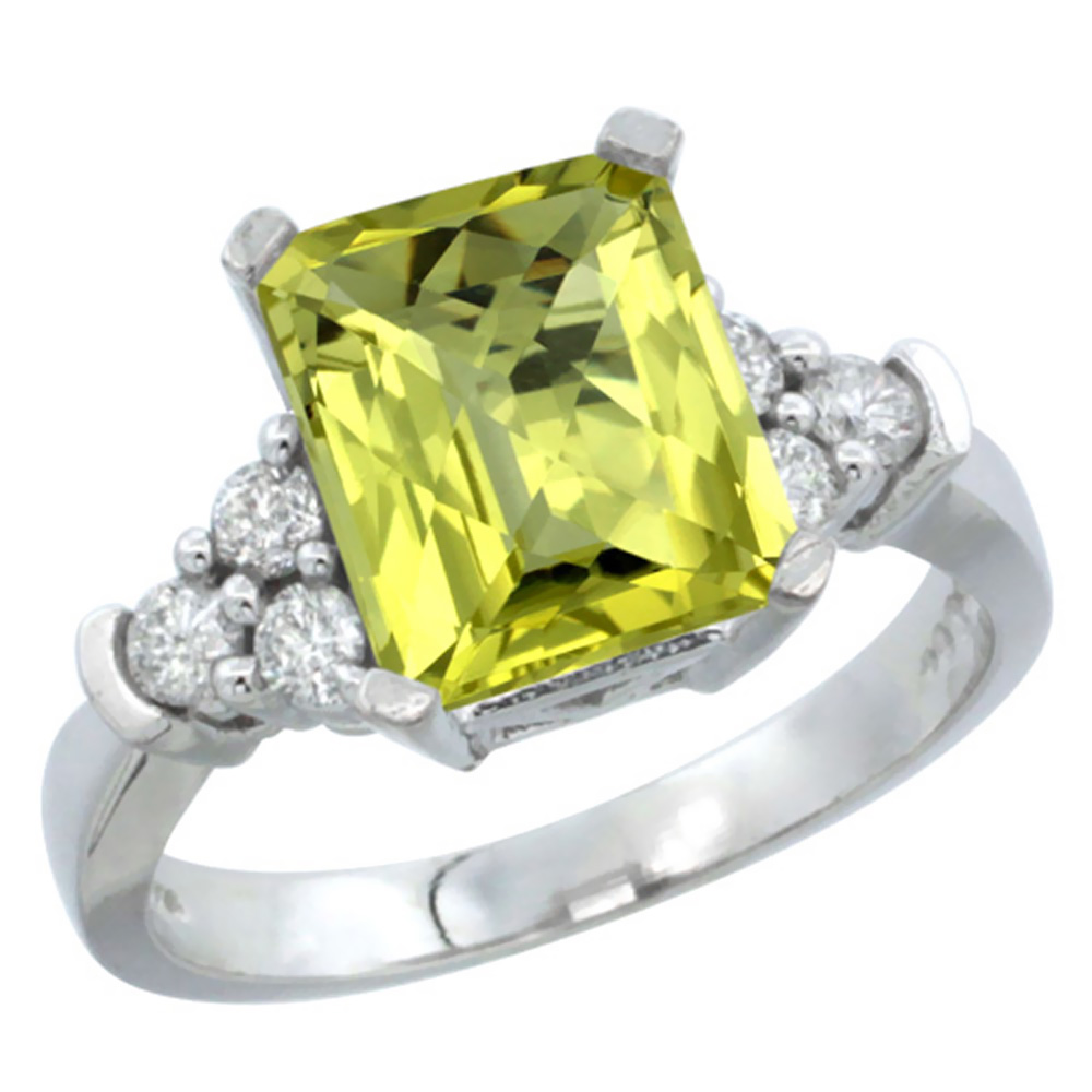 10K White Gold Natural Lemon Quartz Ring Octagon 9x7mm Diamond Accent, sizes 5-10