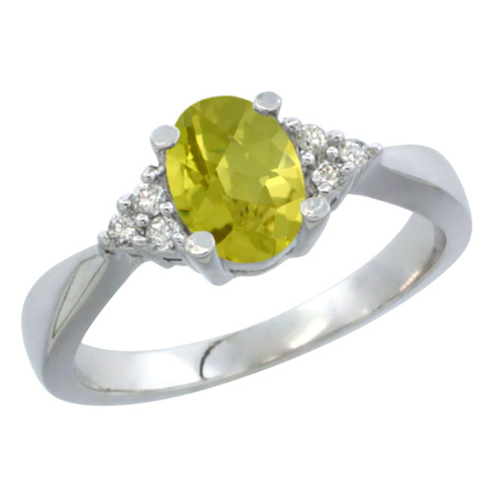 14K White Gold Diamond Natural Lemon Quartz Engagement Ring Oval 7x5mm, sizes 5-10