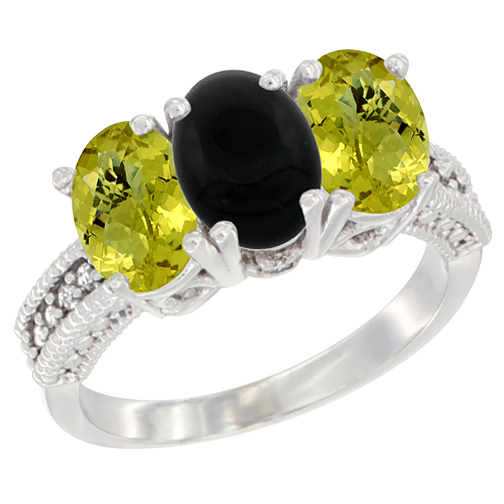 14K White Gold Natural Black Onyx Ring with Lemon Quartz 3-Stone 7x5 mm Oval Diamond Accent, sizes 5 - 10