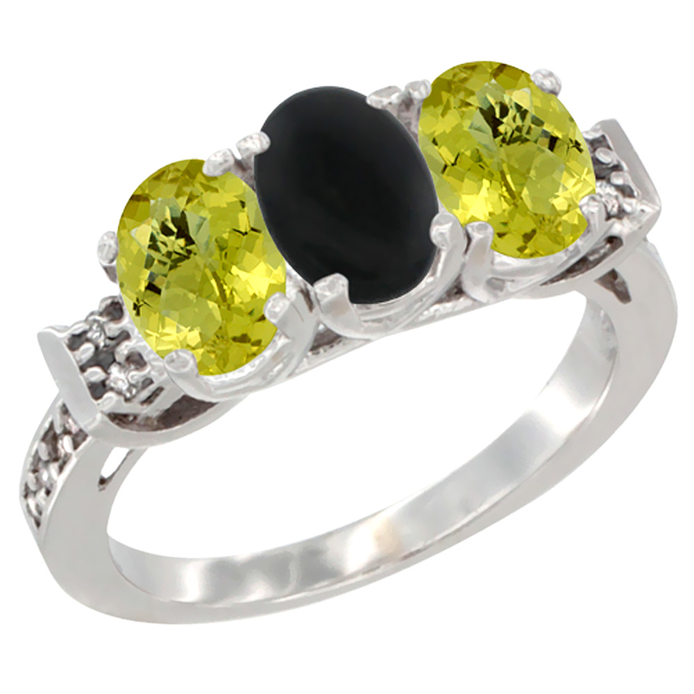 14K White Gold Natural Black Onyx &amp; Lemon Quartz Ring 3-Stone 7x5 mm Oval Diamond Accent, sizes 5 - 10