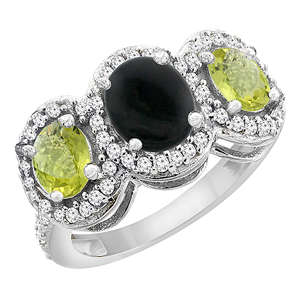 14K White Gold Natural Black Onyx & Lemon Quartz 3-Stone Ring Oval Diamond Accent, sizes 5 - 10