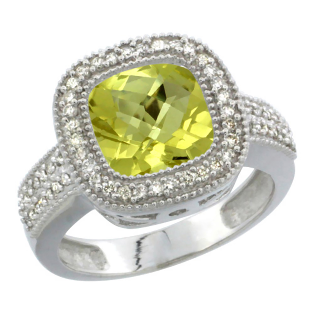 14K White Gold Natural Lemon Quartz Ring Diamond Accent, Cushion-cut 9x9mm Diamond Accent, sizes 5-10