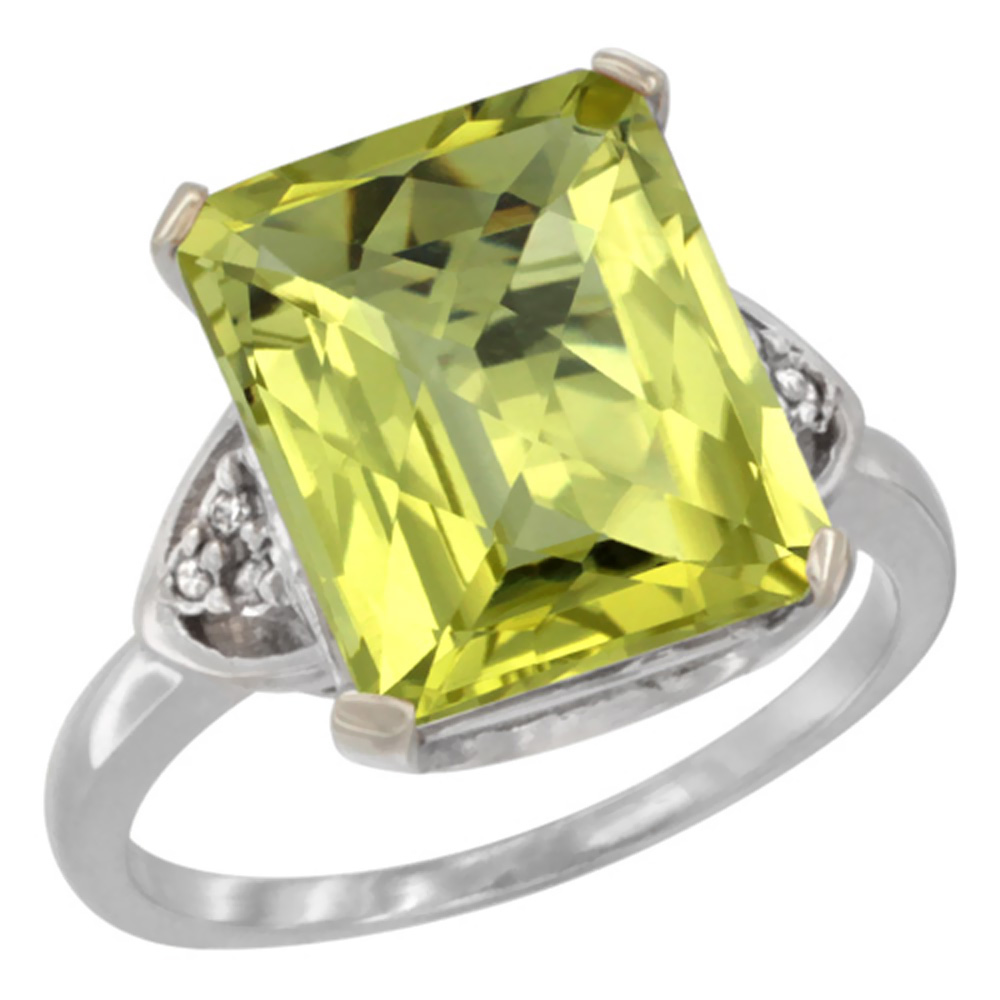 14K White Gold Diamond Natural Lemon Quartz Ring Octagon 12x10 mm, sizes 5-10