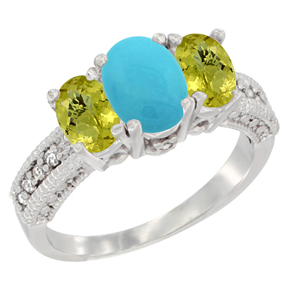 14K White Gold Diamond Natural Turquoise Ring Oval 3-stone with Lemon Quartz, sizes 5 - 10