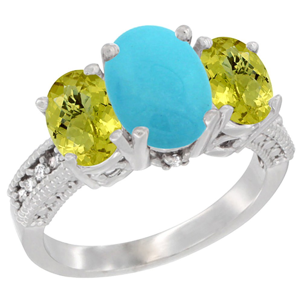 14K White Gold Diamond Natural Turquoise Ring 3-Stone Oval 8x6mm with Lemon Quartz, sizes5-10