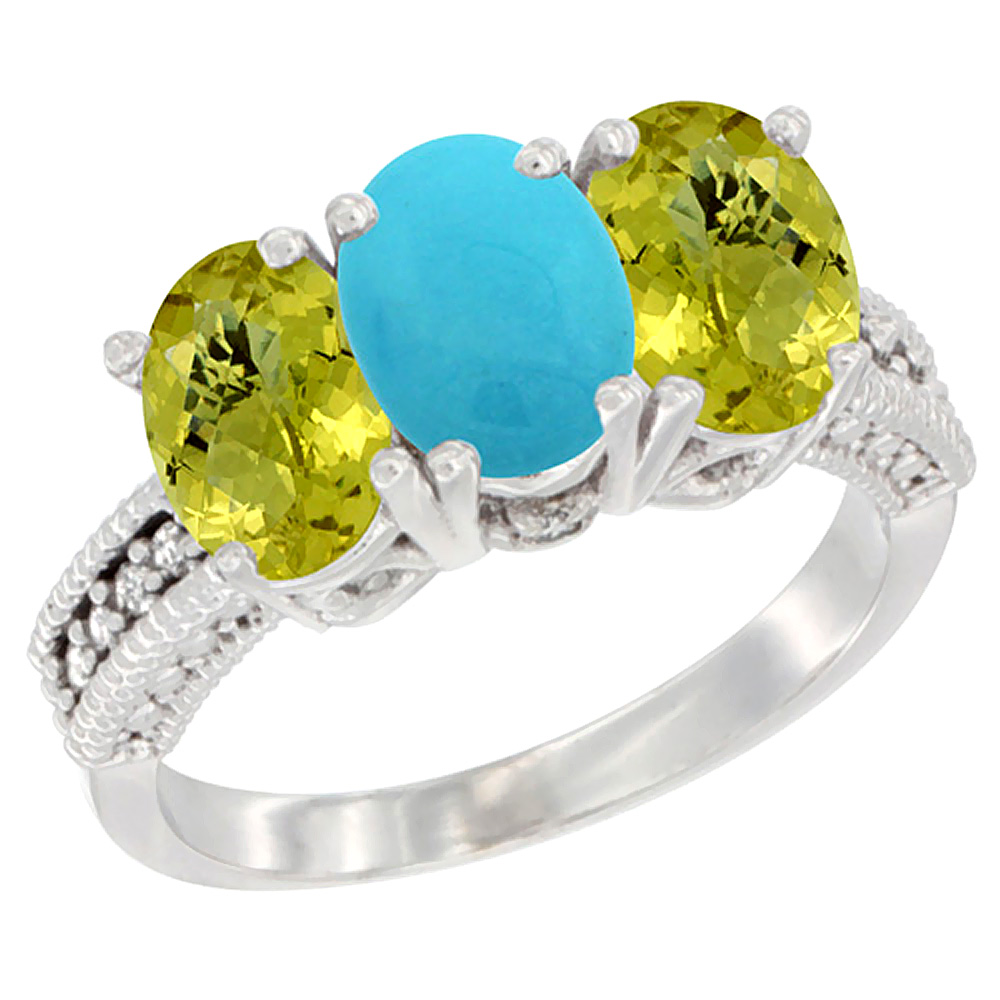 10K White Gold Diamond Natural Turquoise &amp; Lemon Quartz Ring 3-Stone 7x5 mm Oval, sizes 5 - 10