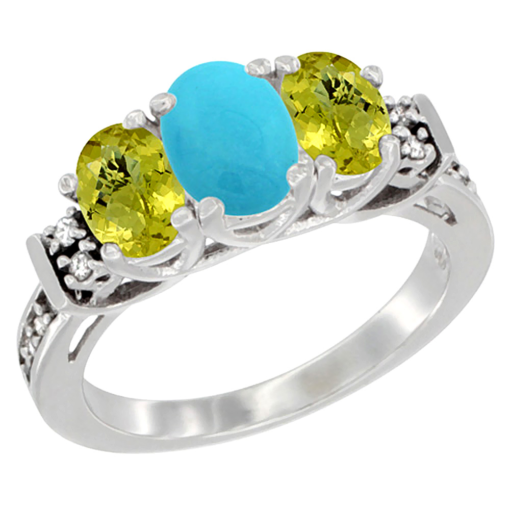 14K White Gold Natural Turquoise & Lemon Quartz Ring 3-Stone Oval Diamond Accent, sizes 5-10