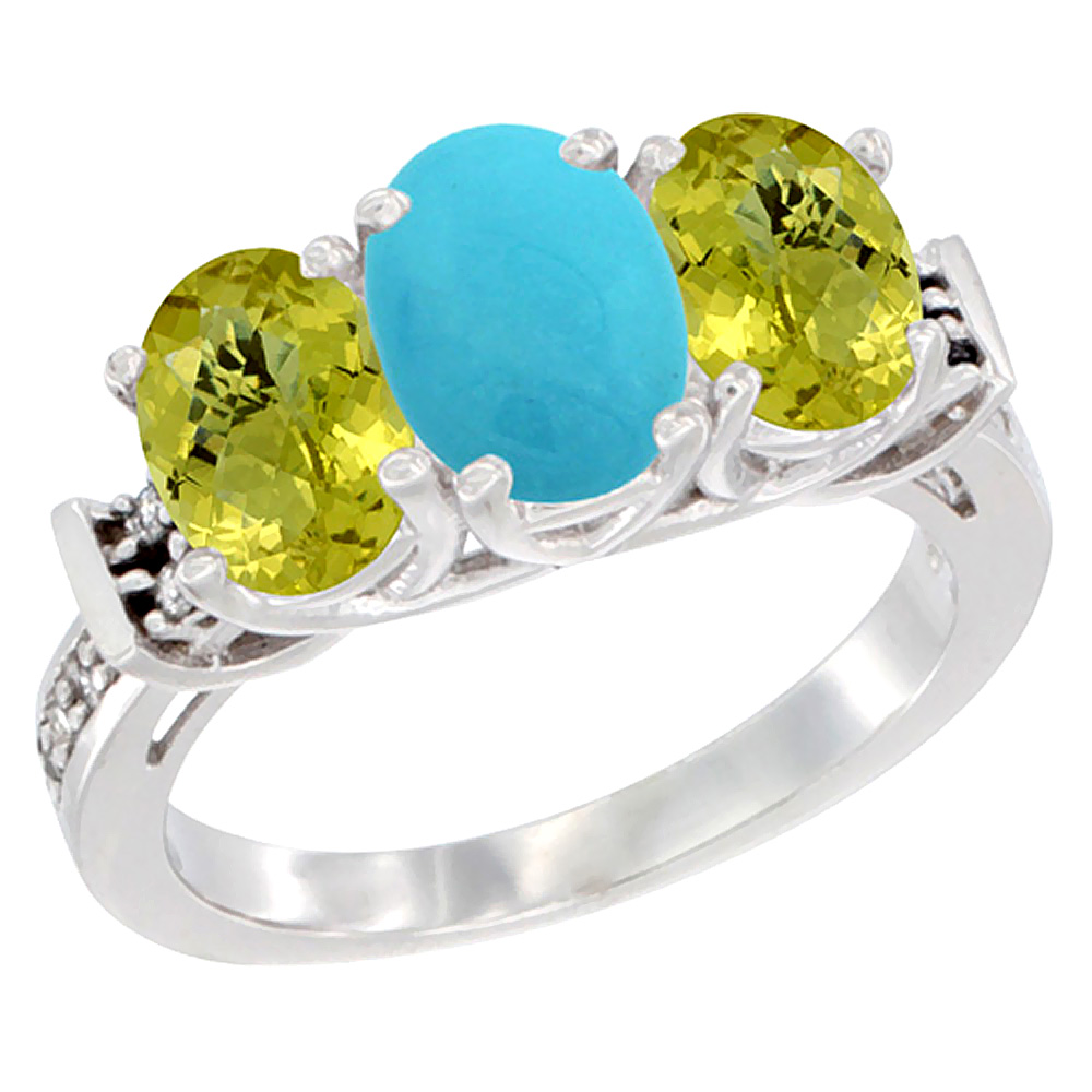 14K White Gold Natural Turquoise & Lemon Quartz Sides Ring 3-Stone Oval Diamond Accent, sizes 5 - 10