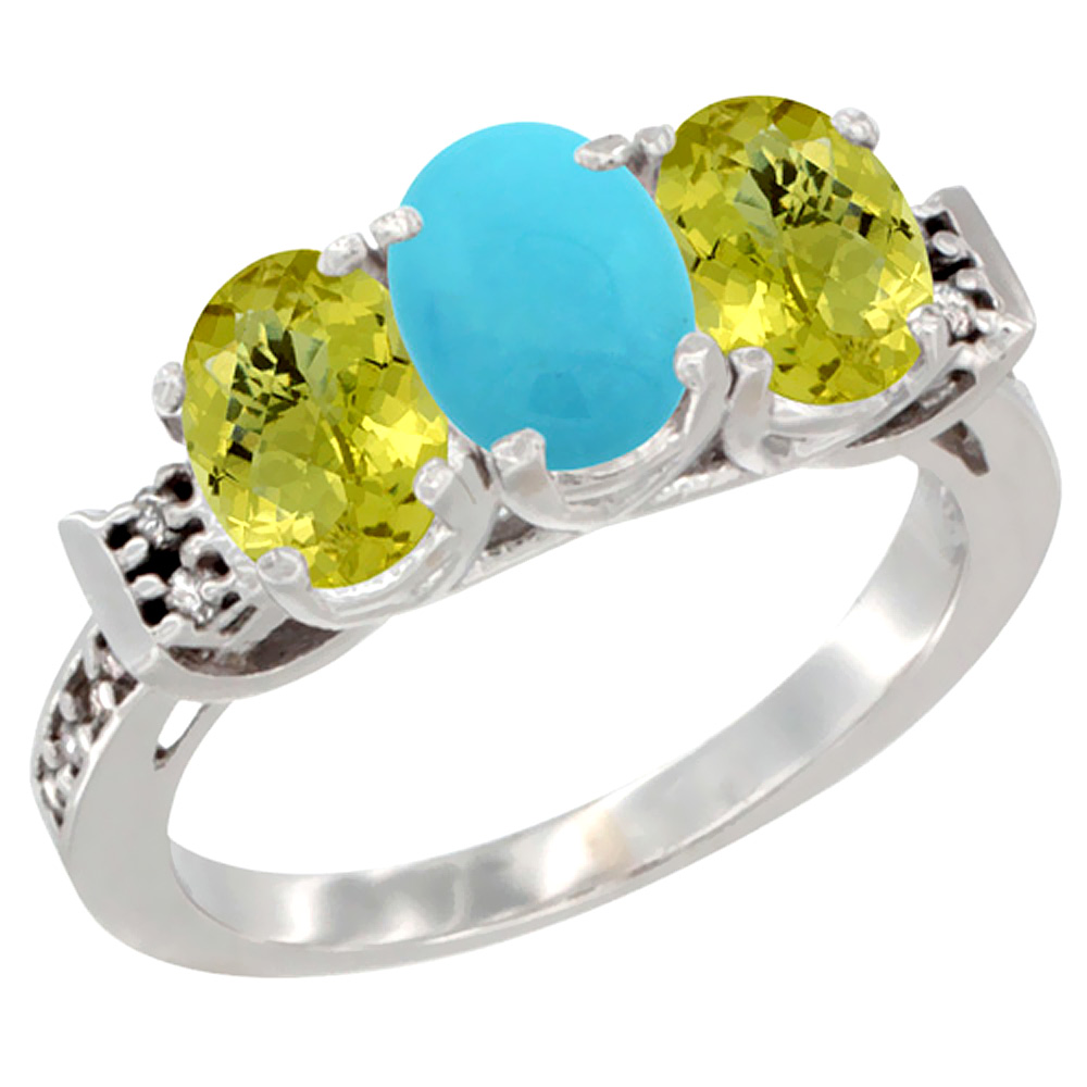 10K White Gold Natural Turquoise &amp; Lemon Quartz Sides Ring 3-Stone Oval 7x5 mm Diamond Accent, sizes 5 - 10