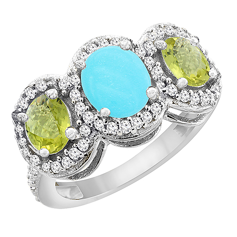 10K White Gold Natural Turquoise &amp; Lemon Quartz 3-Stone Ring Oval Diamond Accent, sizes 5 - 10