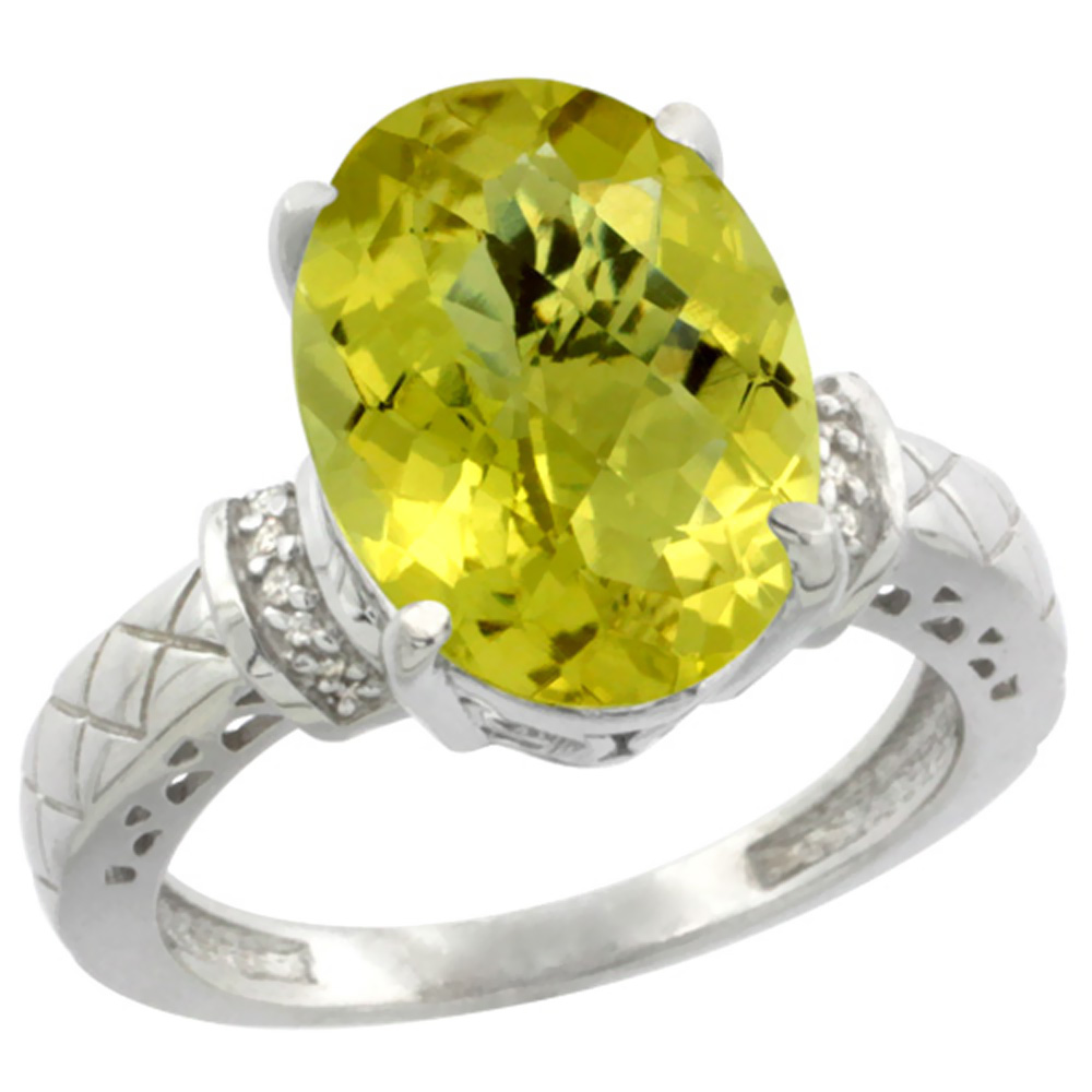 10K White Gold Diamond Natural Lemon Quartz Ring Oval 14x10mm, sizes 5-10