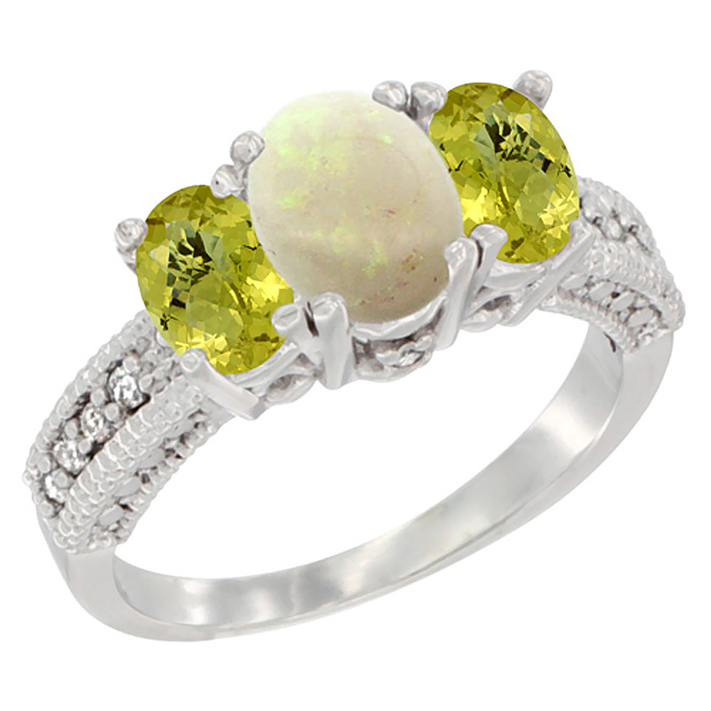 10K White Gold Diamond Natural Opal Ring Oval 3-stone with Lemon Quartz, sizes 5 - 10