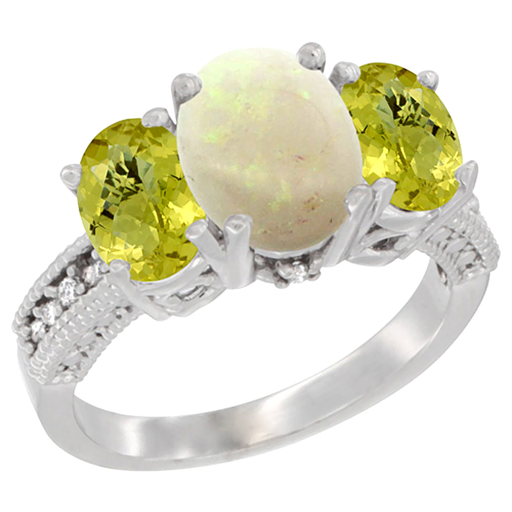 10K White Gold Diamond Natural Opal Ring 3-Stone Oval 8x6mm with Lemon Quartz, sizes5-10