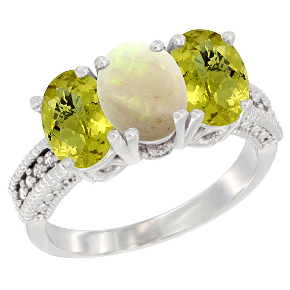 10K White Gold Diamond Natural Opal & Lemon Quartz Ring 3-Stone 7x5 mm Oval, sizes 5 - 10