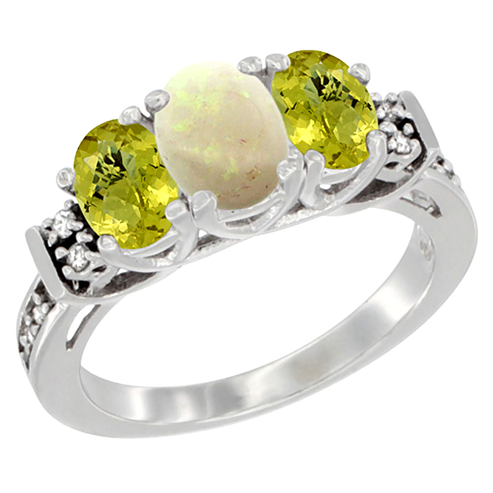 14K White Gold Natural Opal &amp; Lemon Quartz Ring 3-Stone Oval Diamond Accent, sizes 5-10