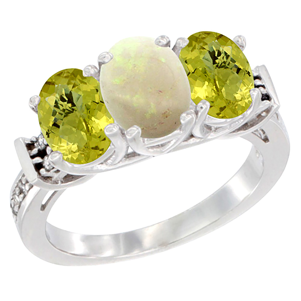 14K White Gold Natural Opal &amp; Lemon Quartz Sides Ring 3-Stone Oval Diamond Accent, sizes 5 - 10
