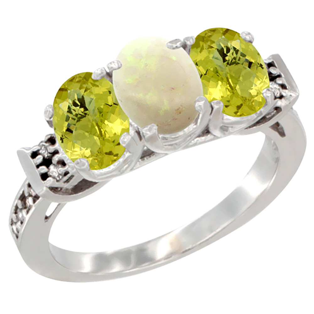10K White Gold Natural Opal &amp; Lemon Quartz Sides Ring 3-Stone Oval 7x5 mm Diamond Accent, sizes 5 - 10