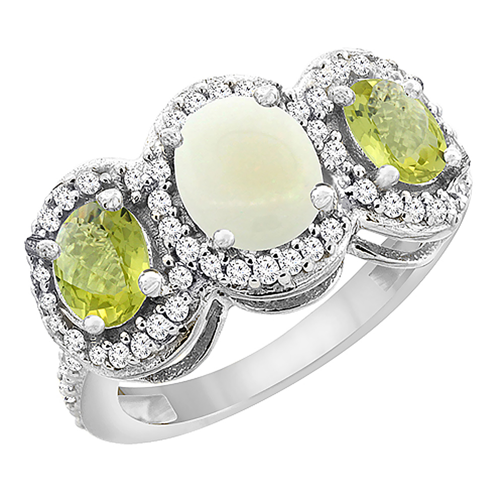 14K White Gold Natural Opal &amp; Lemon Quartz 3-Stone Ring Oval Diamond Accent, sizes 5 - 10