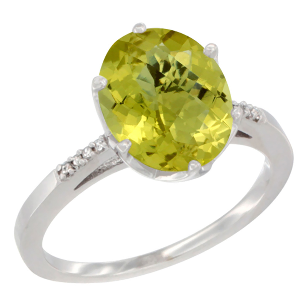 10K White Gold Natural Lemon Quartz Engagement Ring 10x8 mm Oval, sizes 5 - 10