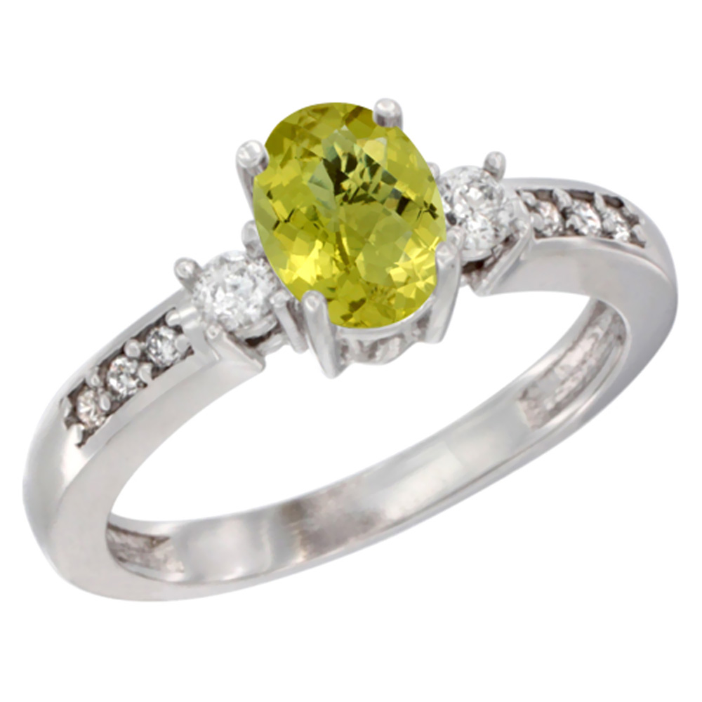 10K White Gold Diamond Natural Lemon Quartz Engagement Ring Oval 7x5 mm, sizes 5 - 10