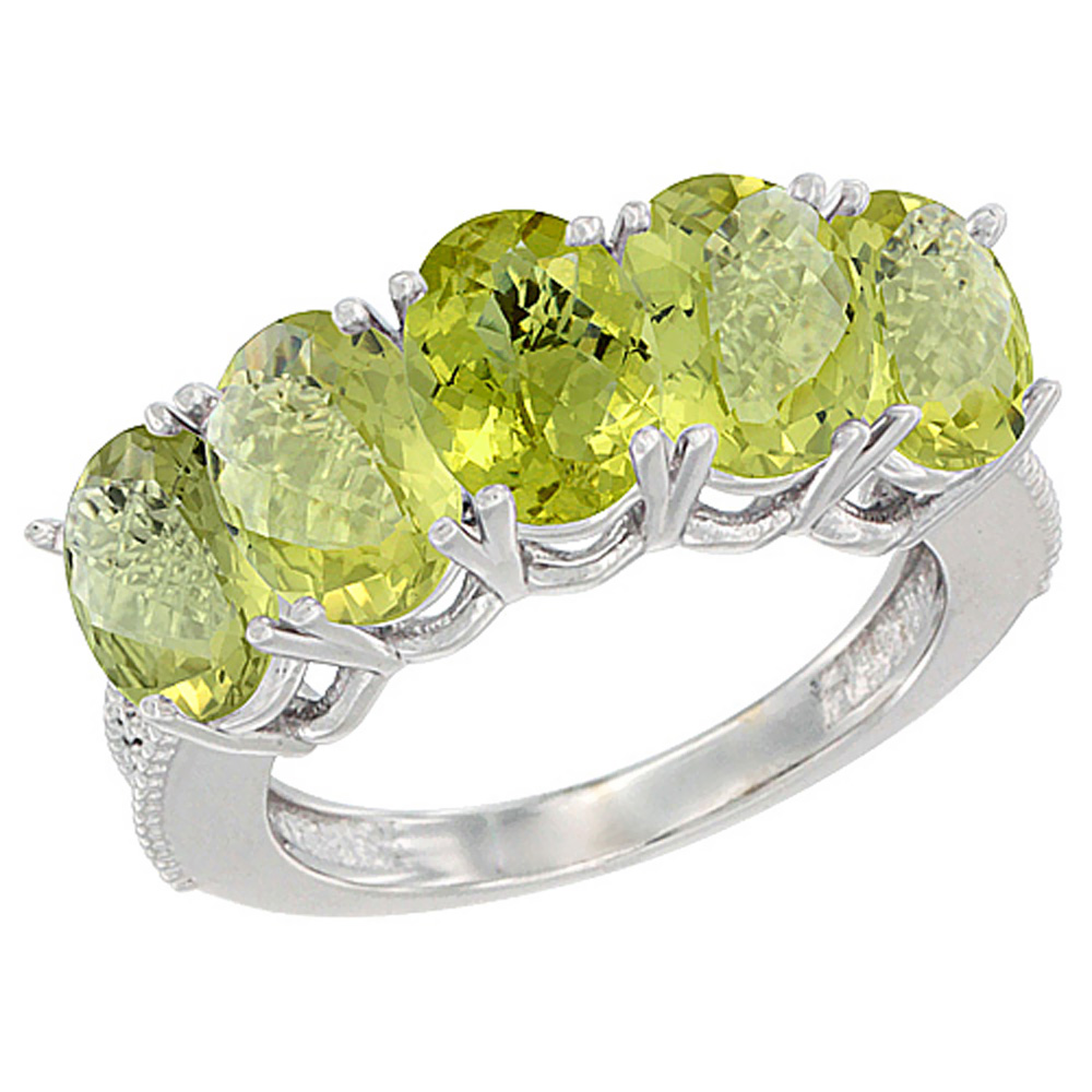 10K White Gold Natural Lemon Quartz 1 ct. Oval 7x5mm 5-Stone Mother&#039;s Ring with Diamond Accents, sizes 5 to 10 with half sizes