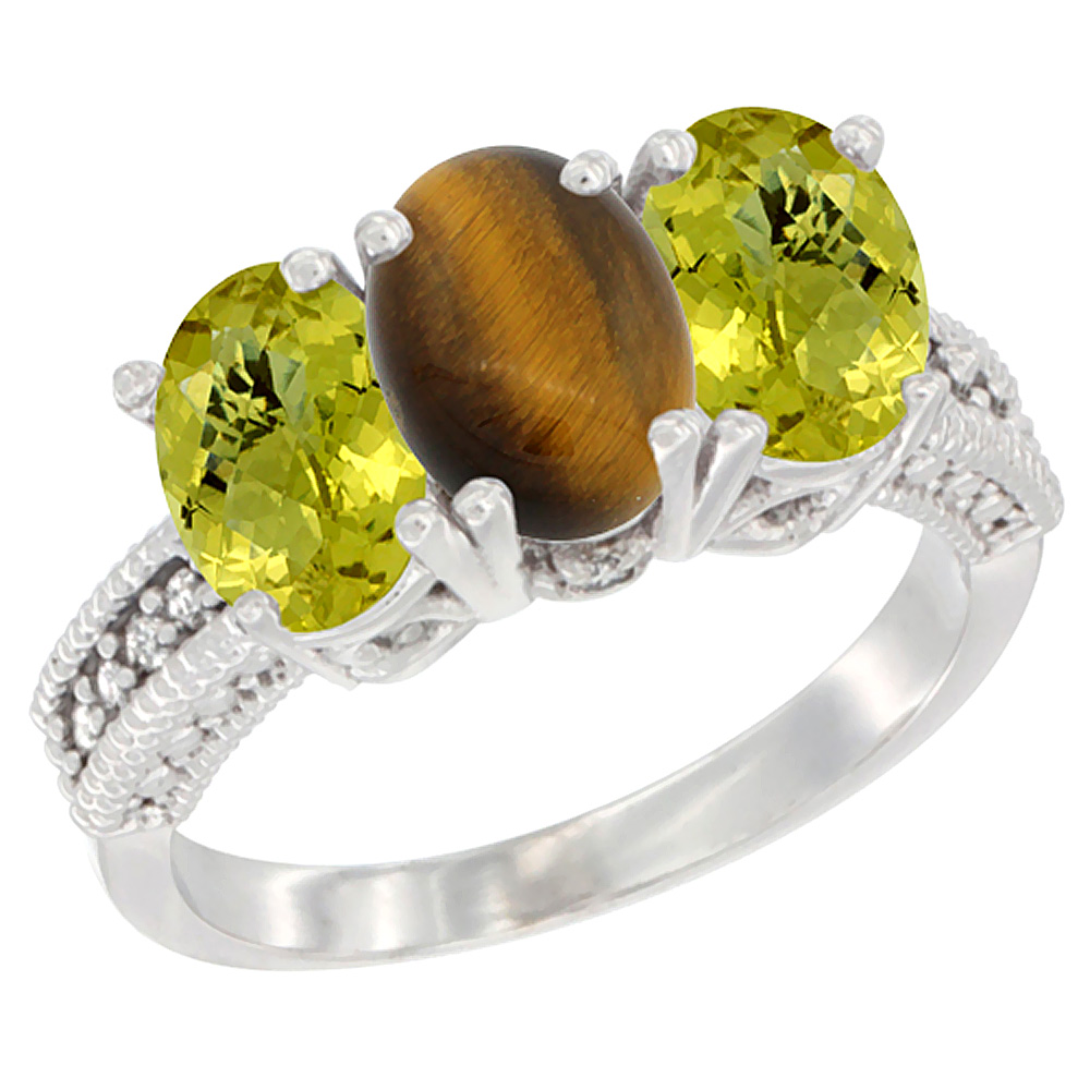 10K White Gold Diamond Natural Tiger Eye &amp; Lemon Quartz Ring 3-Stone 7x5 mm Oval, sizes 5 - 10