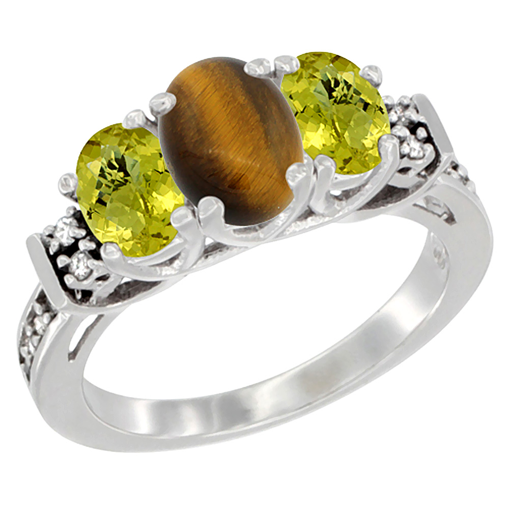 10K White Gold Natural Tiger Eye & Lemon Quartz Ring 3-Stone Oval Diamond Accent, sizes 5-10