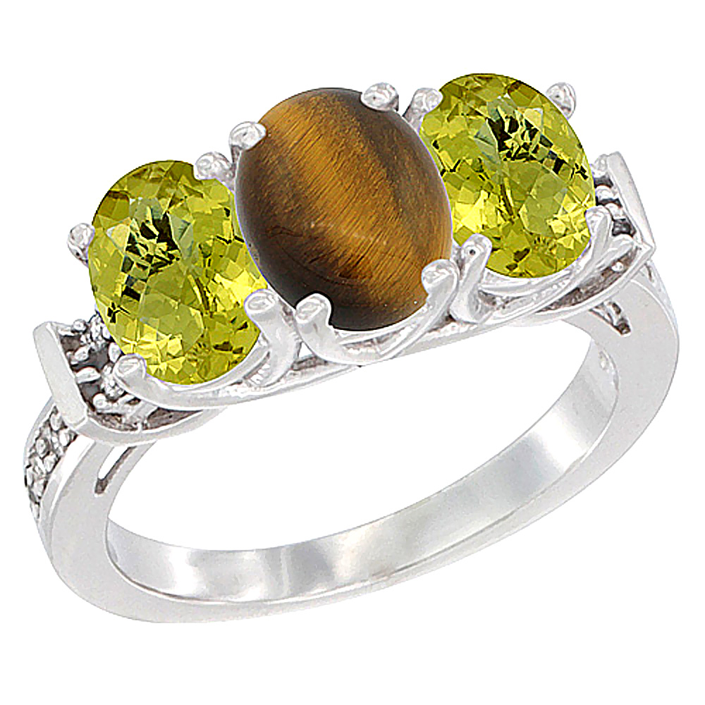 10K White Gold Natural Tiger Eye & Lemon Quartz Sides Ring 3-Stone Oval Diamond Accent, sizes 5 - 10
