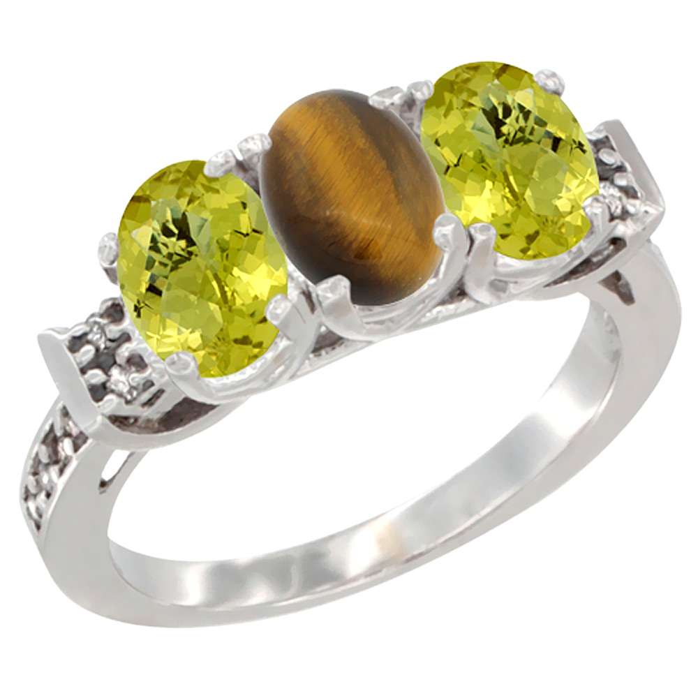 14K White Gold Natural Tiger Eye &amp; Lemon Quartz Ring 3-Stone 7x5 mm Oval Diamond Accent, sizes 5 - 10