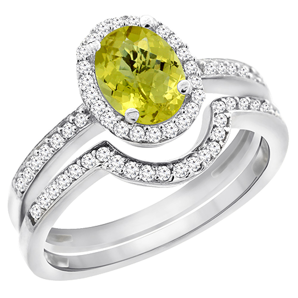 10K White Gold Diamond Natural Lemon Quartz 2-Pc. Engagement Ring Set Oval 8x6 mm, sizes 5 - 10