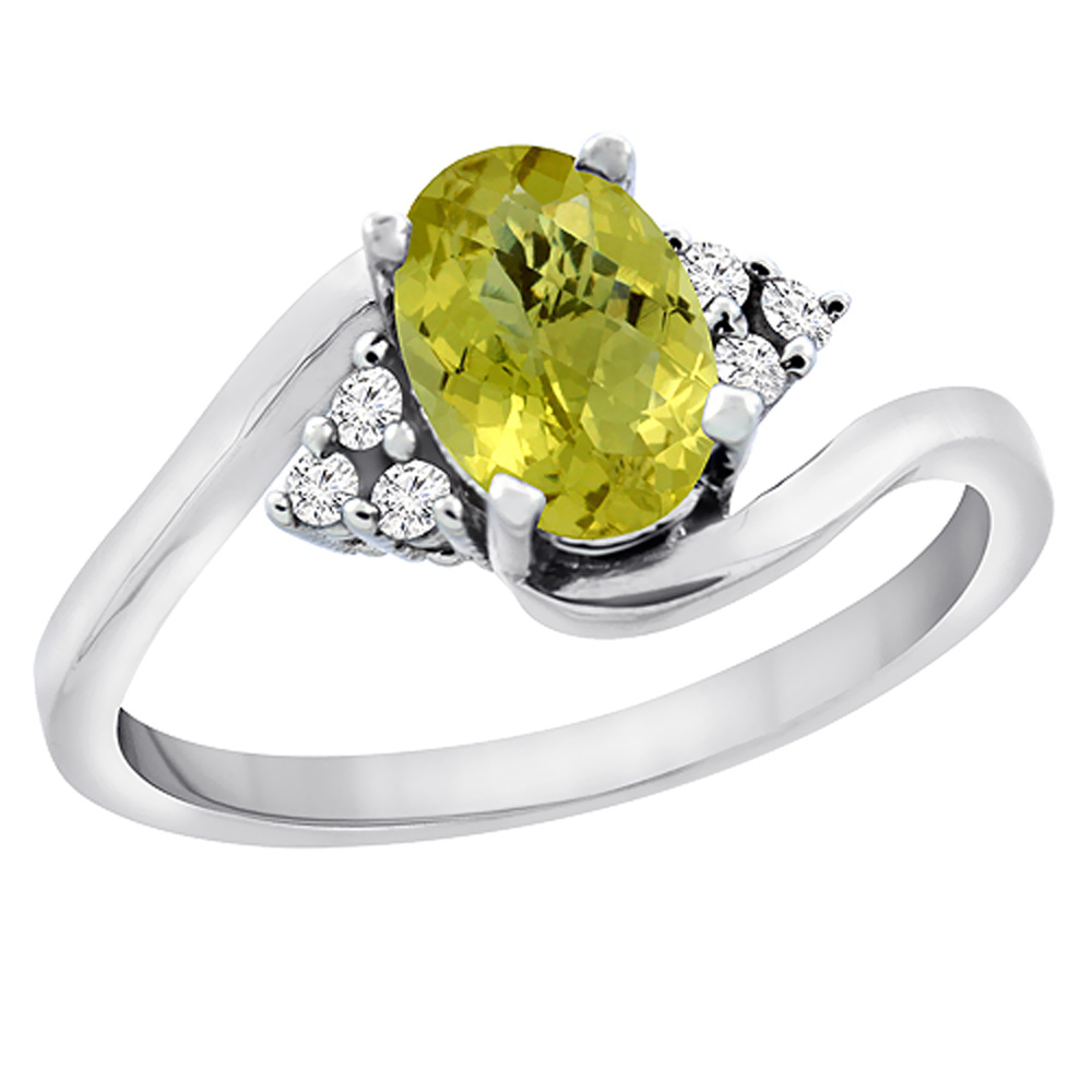 14K White Gold Diamond Natural Lemon Quartz Engagement Ring Oval 7x5mm, sizes 5 - 10