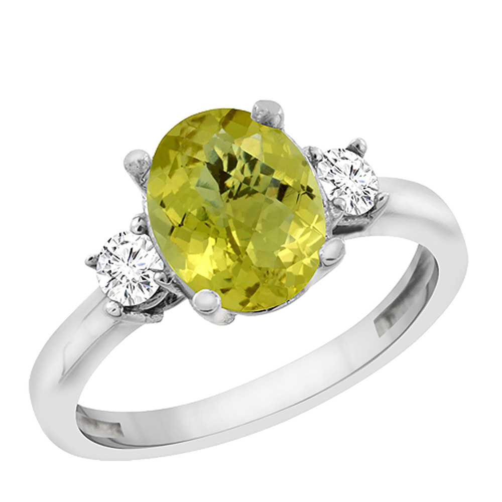10K White Gold Natural Lemon Quartz Engagement Ring Oval 10x8 mm Diamond Sides, sizes 5 - 10