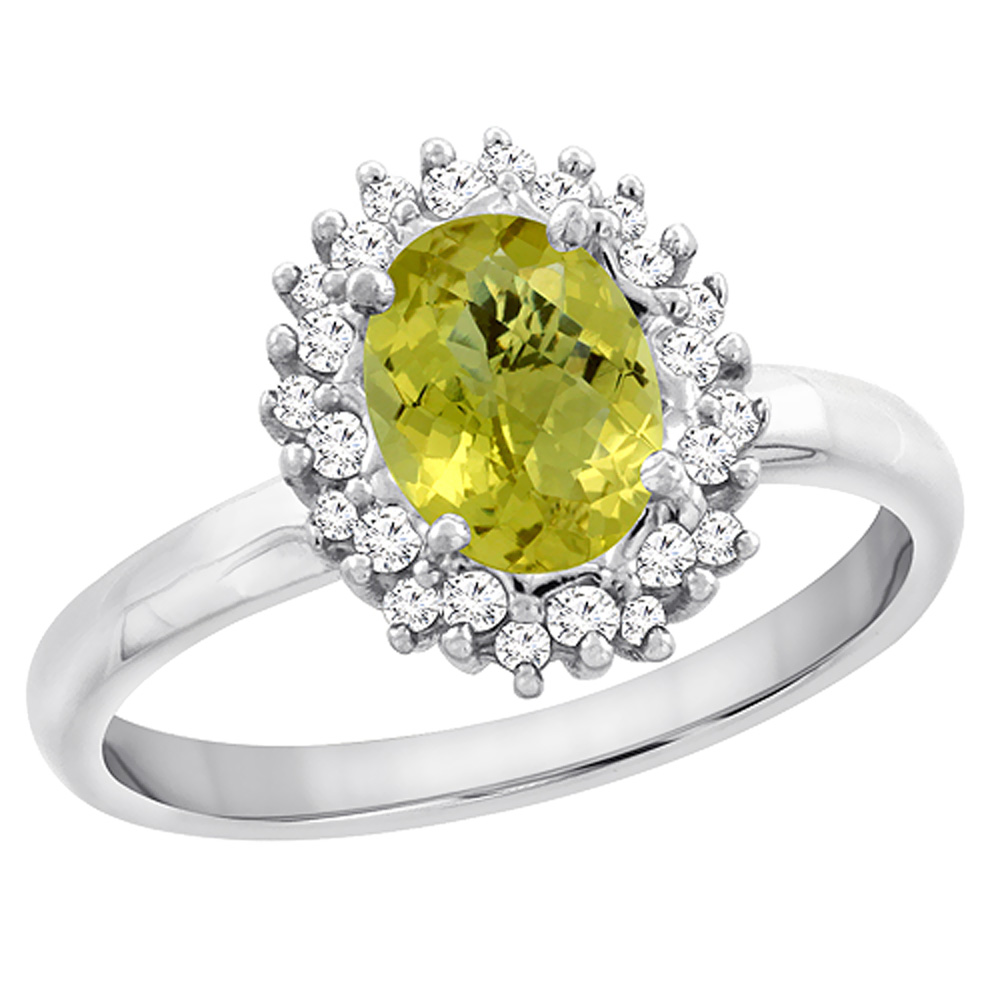 10K White Gold Diamond Natural Lemon Quartz Engagement Ring Oval 7x5mm, sizes 5 - 10