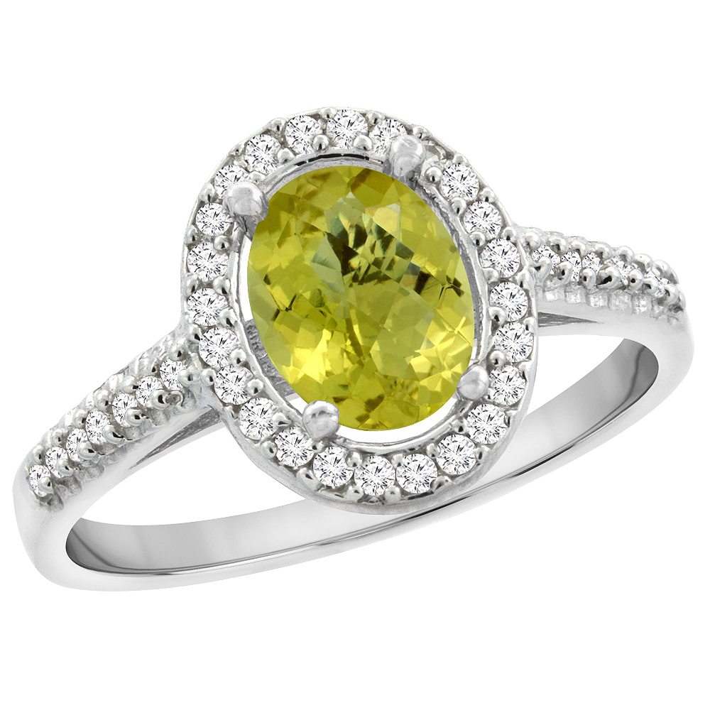 14K White Gold Natural Lemon Quartz Engagement Ring Oval 7x5 mm Diamond Halo, sizes 5 - 10