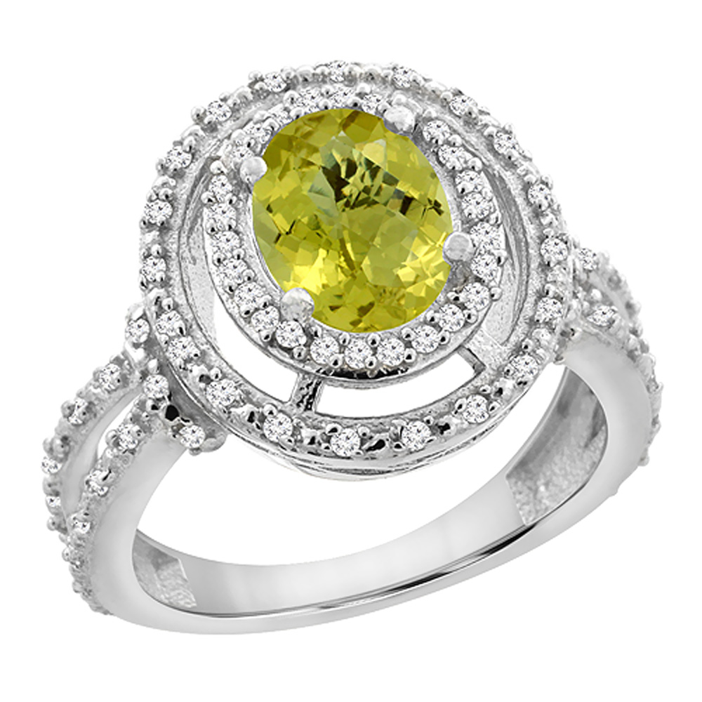 14K Yellow Gold Natural Lemon Quartz Ring Oval 8x6 mm Double Halo Diamond, sizes 5 - 10