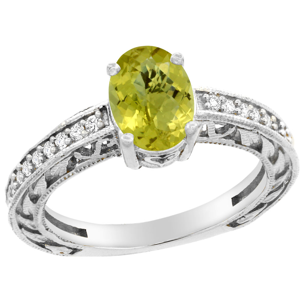 14K Gold Natural Lemon Quartz Ring Oval 8x6 mm Diamond Accents, sizes 5 - 10