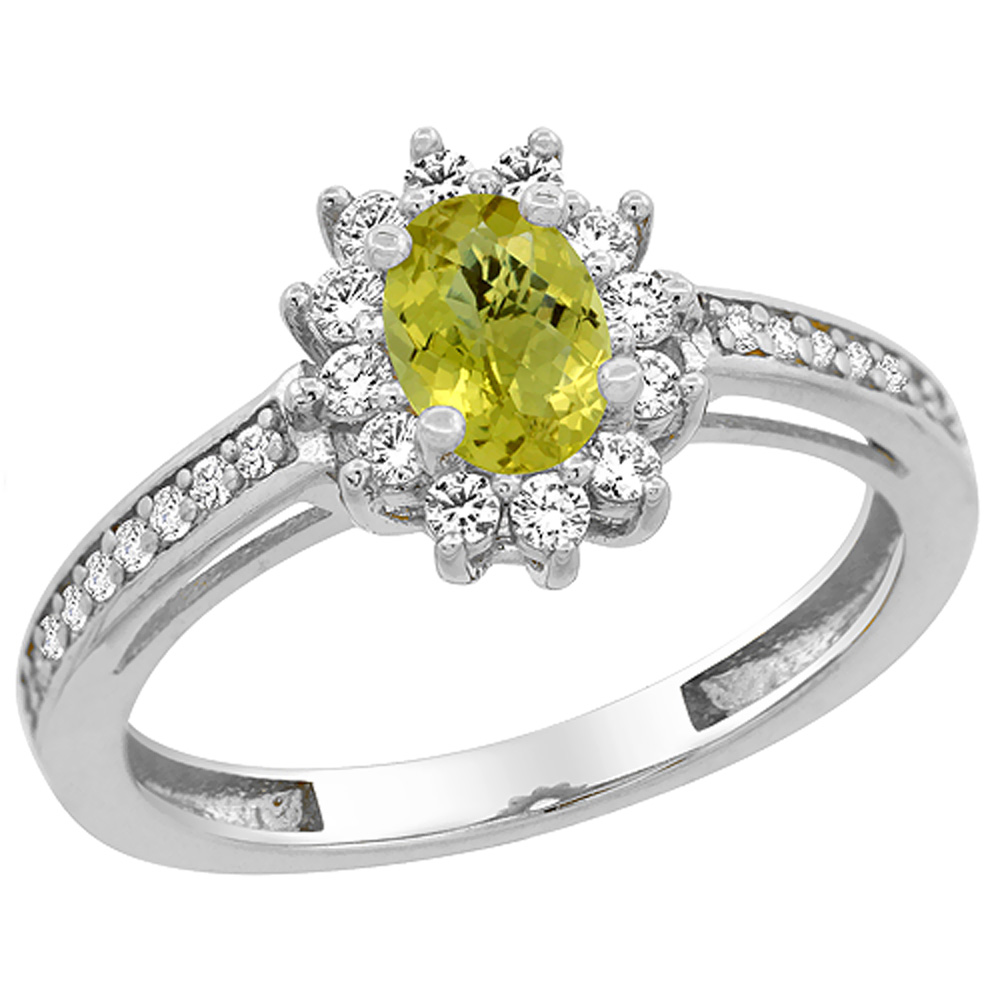 14K White Gold Natural Lemon Quartz Flower Halo Ring Oval 6x4mm Diamond Accents, sizes 5 - 10