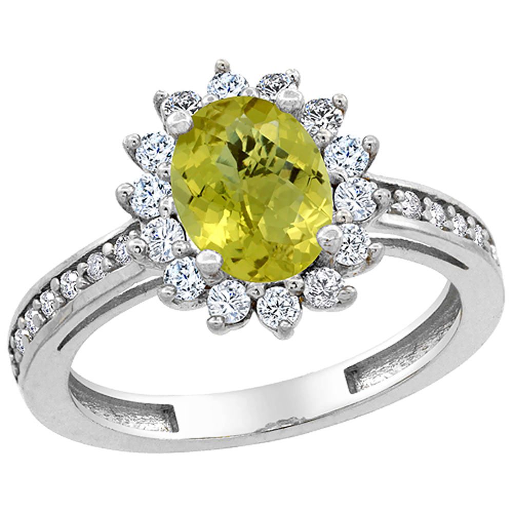 10K White Gold Natural Lemon Quartz Floral Halo Ring Oval 8x6mm Diamond Accents, sizes 5 - 10