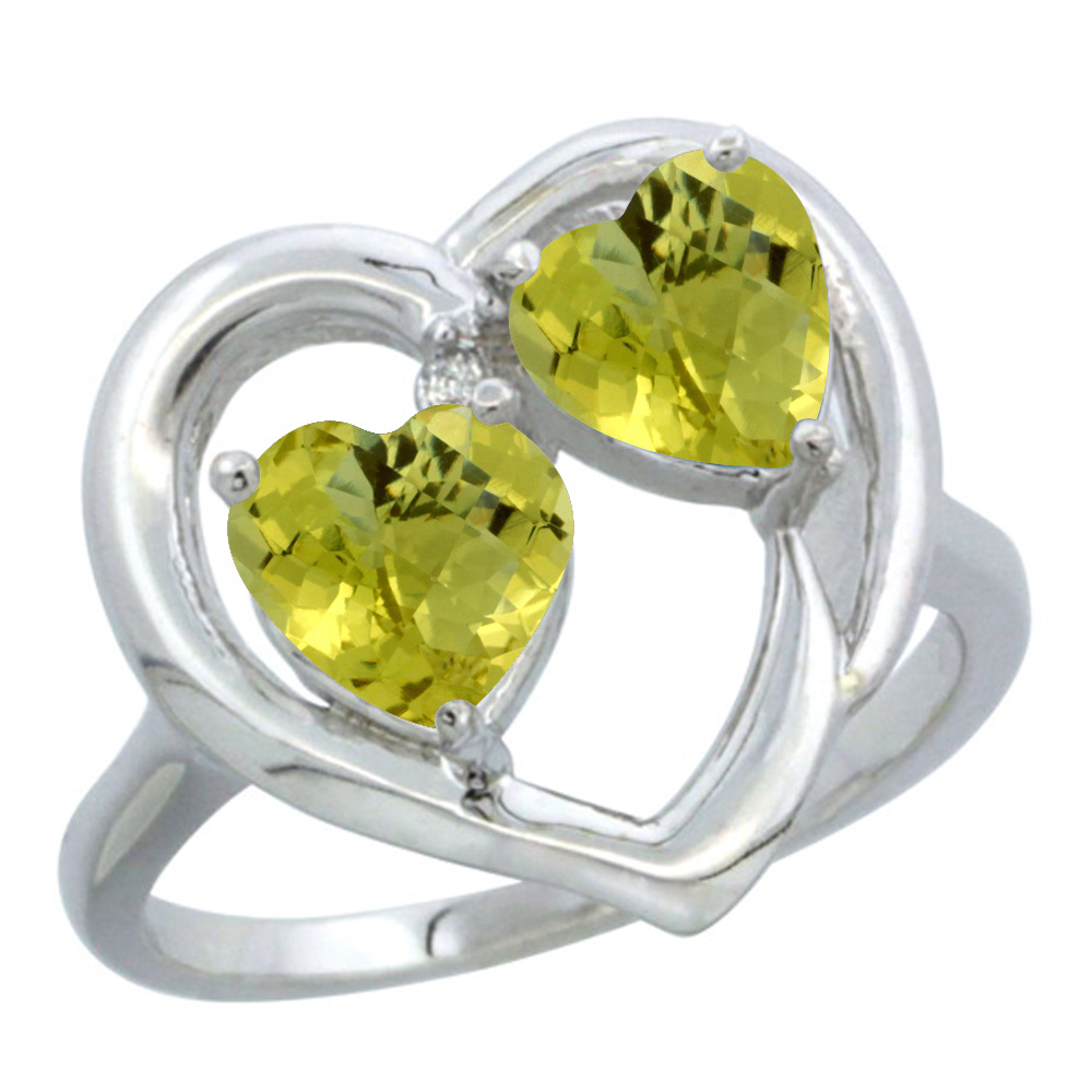 14K White Gold Diamond Two-stone Heart Ring 6mm Natural Lemon Quartz, sizes 5-10