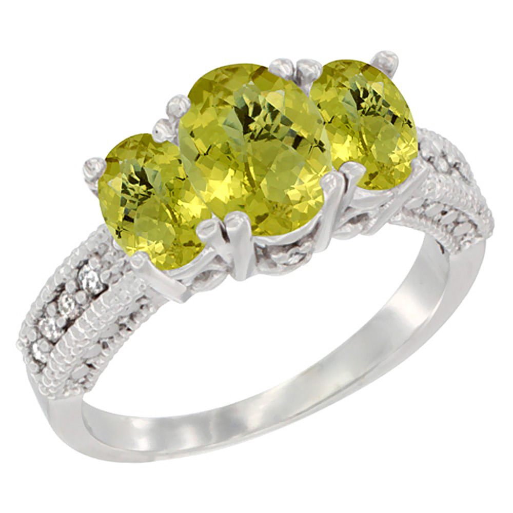 14K White Gold Diamond Natural Lemon Quartz Ring Oval 3-stone, sizes 5 - 10